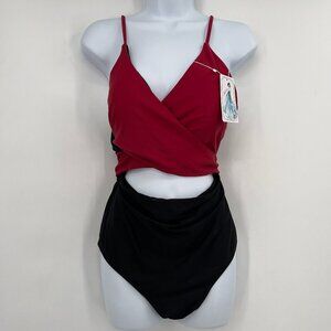 Jusfitsu Black & Red Wrap Style One-Piece Swimsuit – Size XL
